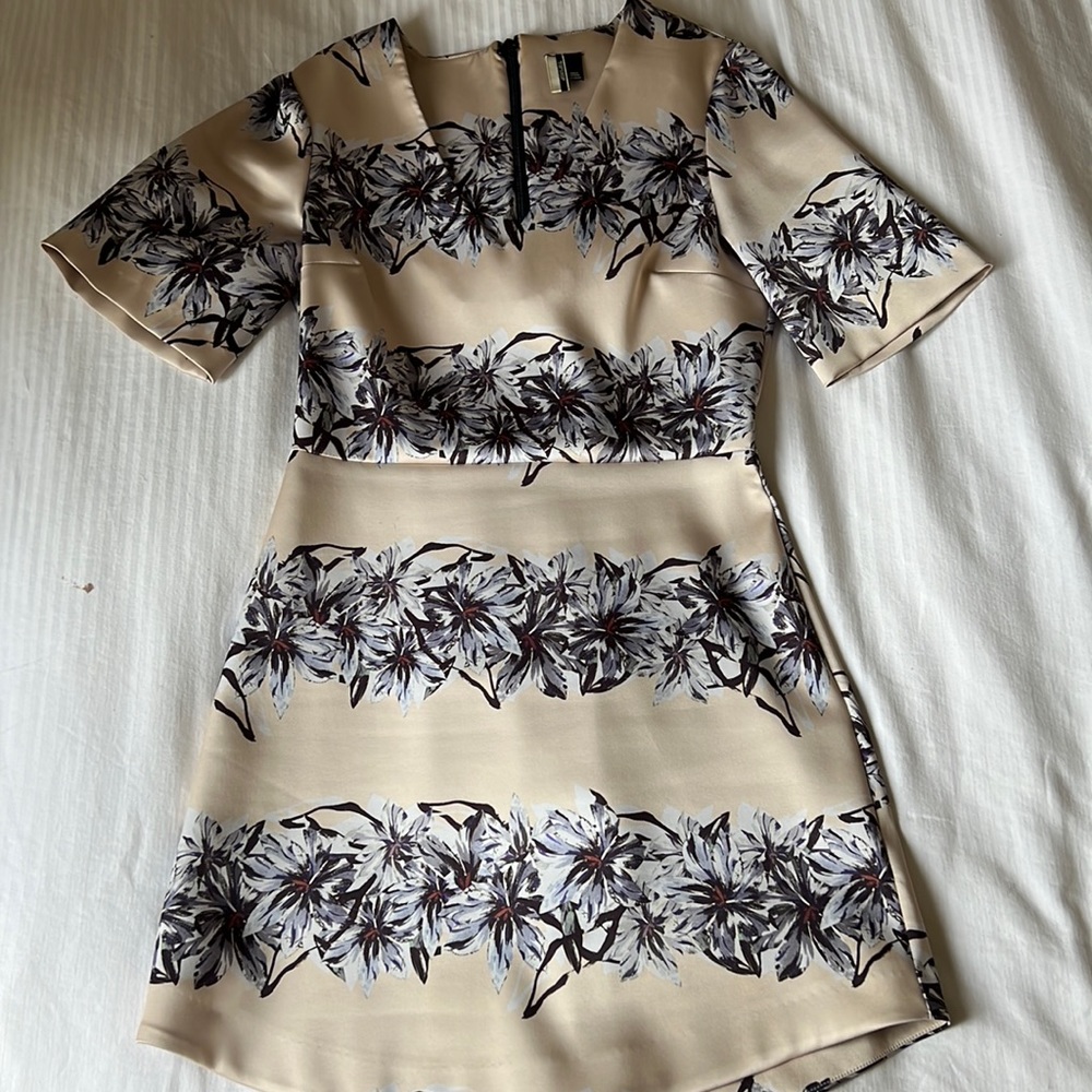 Topshop gold satin floral a-line dress size 4